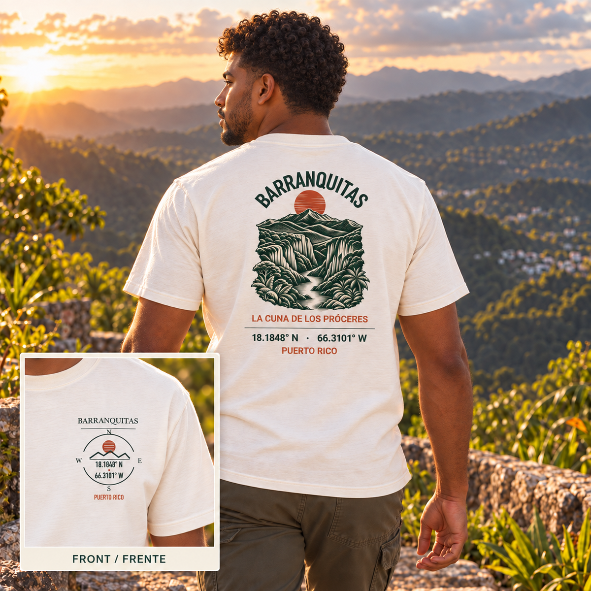 AI-generated Barranquitas back reveal lifestyle image with a Puerto Rican model and a corner view of the front left-chest emblem; use official mockups for exact print placement.