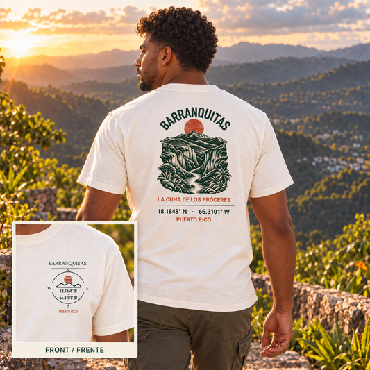 AI-generated Barranquitas back reveal lifestyle image with a Puerto Rican model and a corner view of the front left-chest emblem; use official mockups for exact print placement.