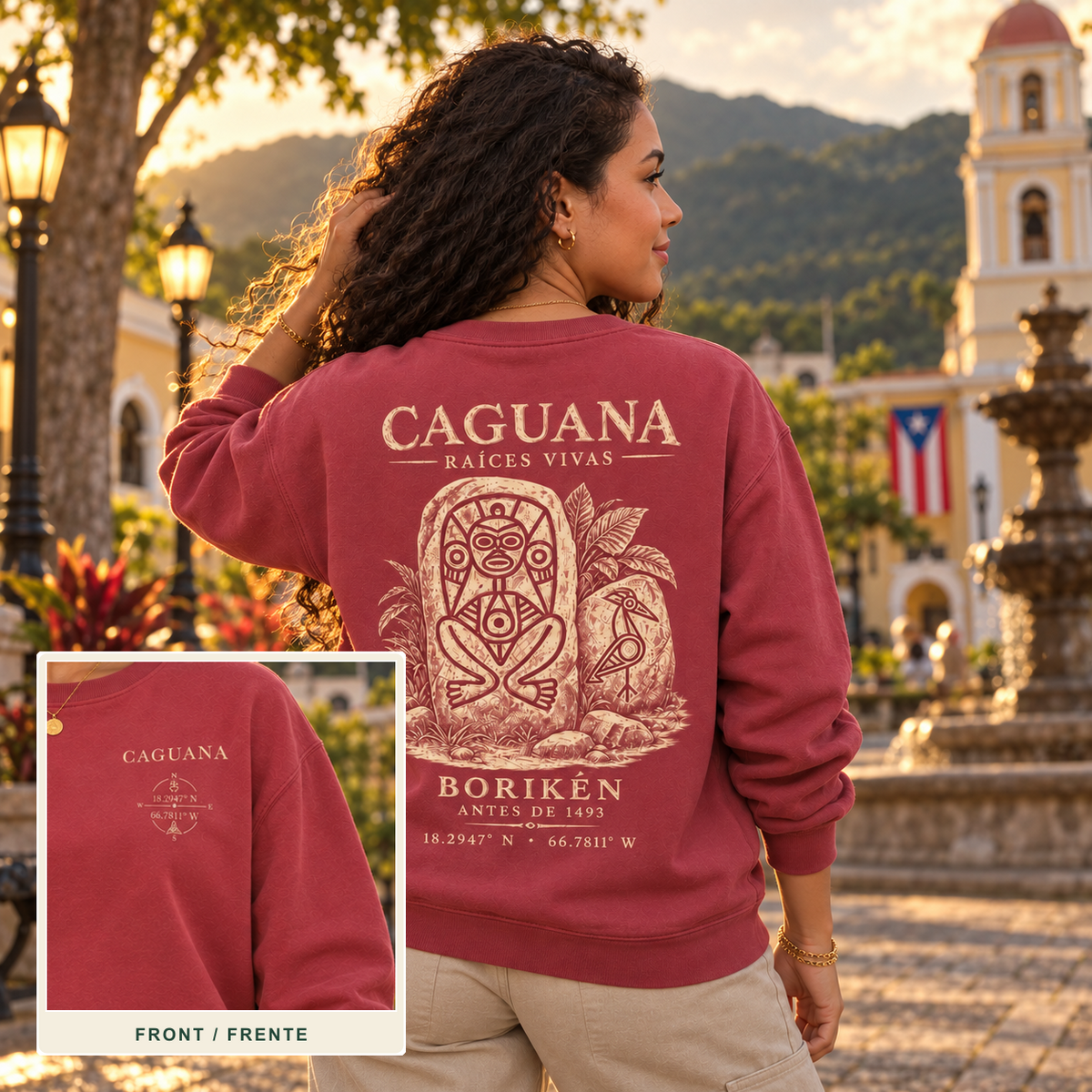 AI-generated caguana Back Reveal lifestyle cover showing the back design and an inset of the front left-chest print