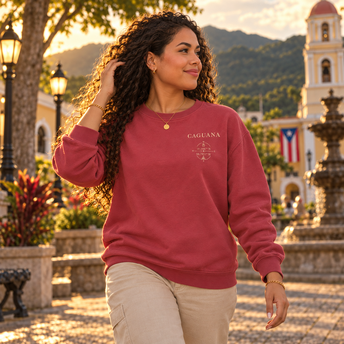 AI-generated editorial lifestyle visualization of the Caguana - Back Reveal from the front, showing the small left-chest emblem.