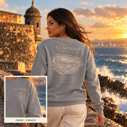 AI-generated el morro Back Reveal lifestyle cover showing the back design and an inset of the front left-chest print