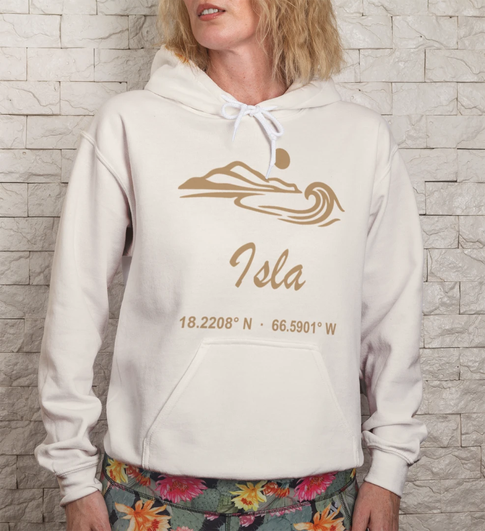 Person wearing the Ivory Isla hoodie with tan island horizon and Puerto Rico coordinates