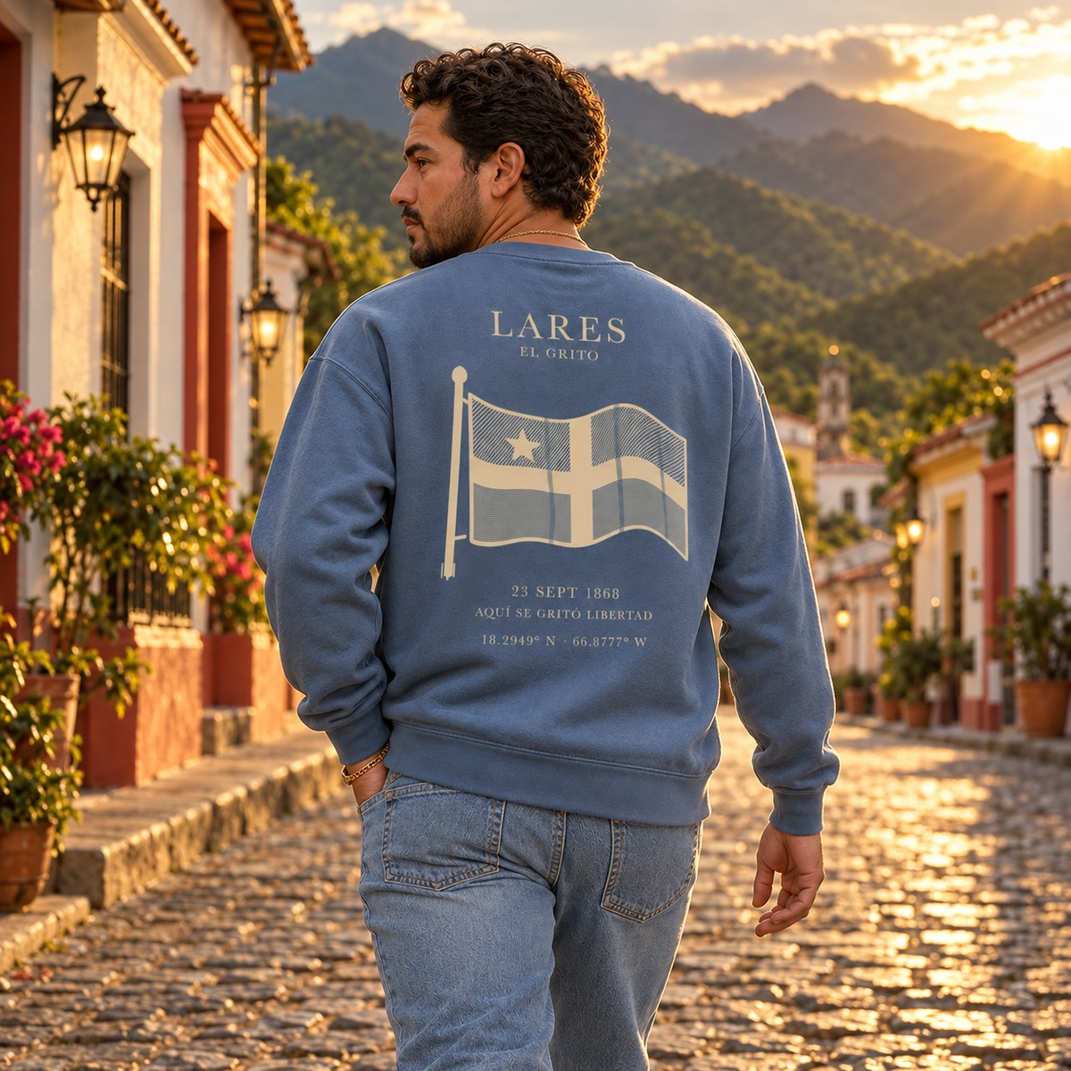 AI-generated editorial lifestyle visualization of the Lares - Back Reveal from behind, showing the full back artwork.