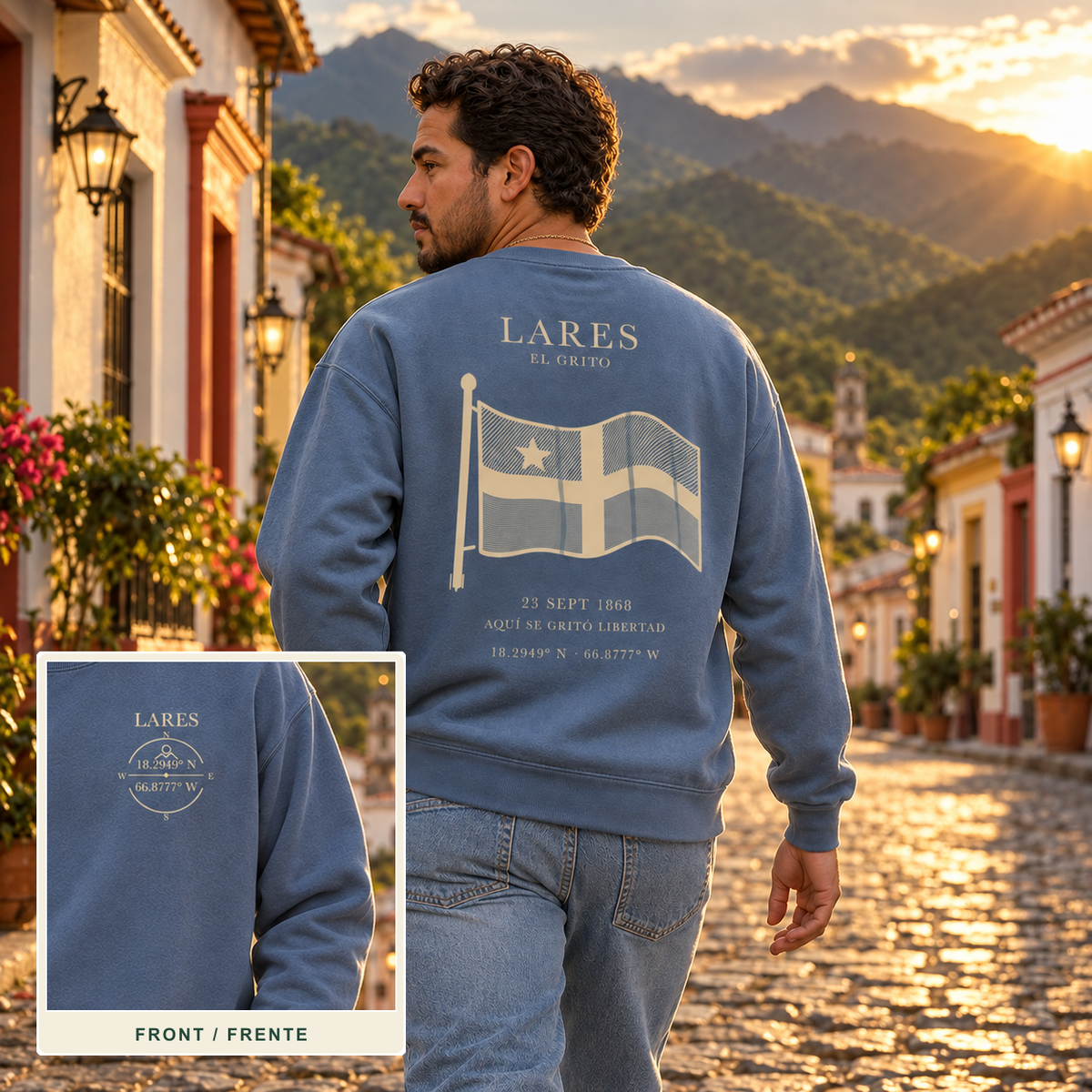 AI-generated lares Back Reveal lifestyle cover showing the back design and an inset of the front left-chest print