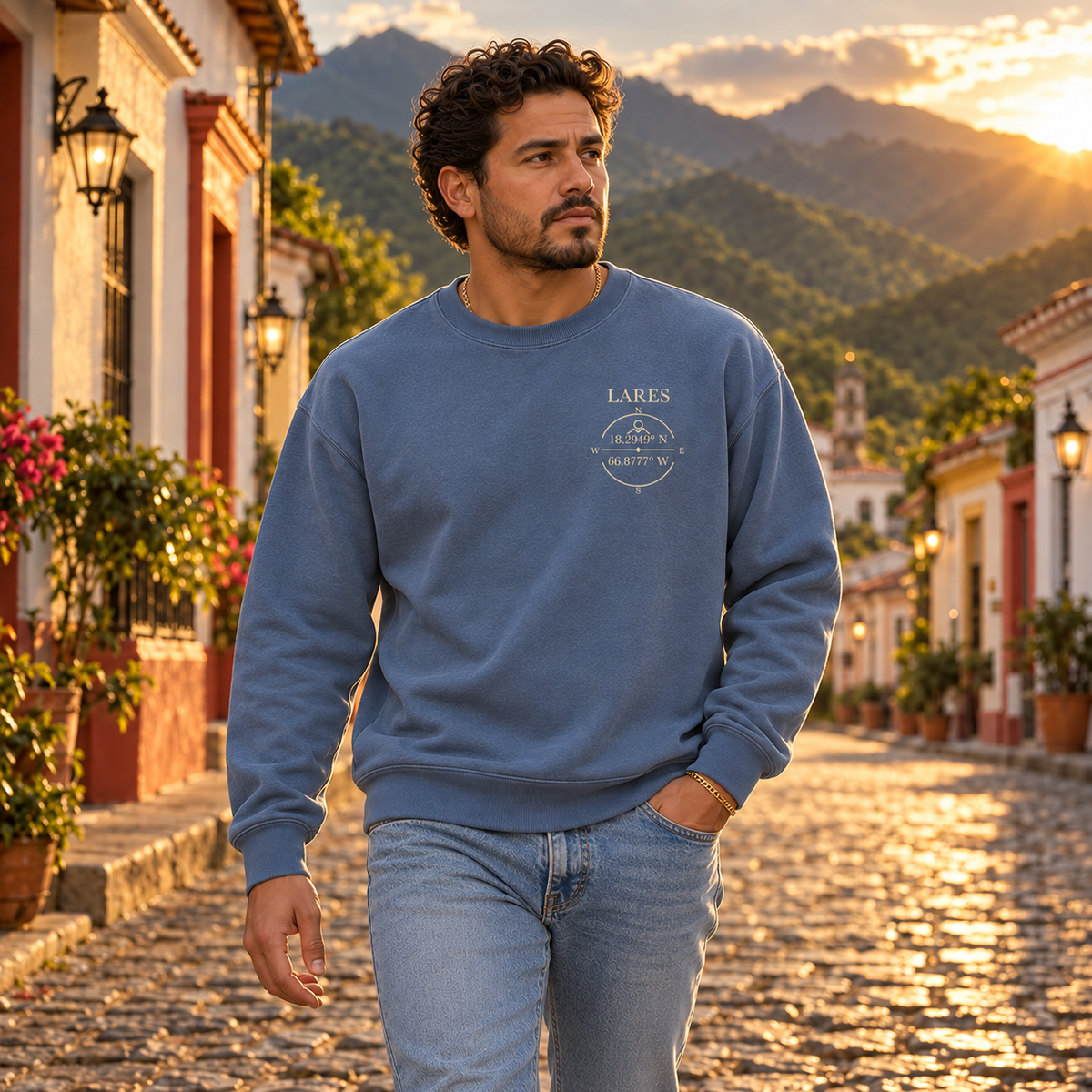 AI-generated editorial lifestyle visualization of the Lares - Back Reveal from the front, showing the small left-chest emblem.