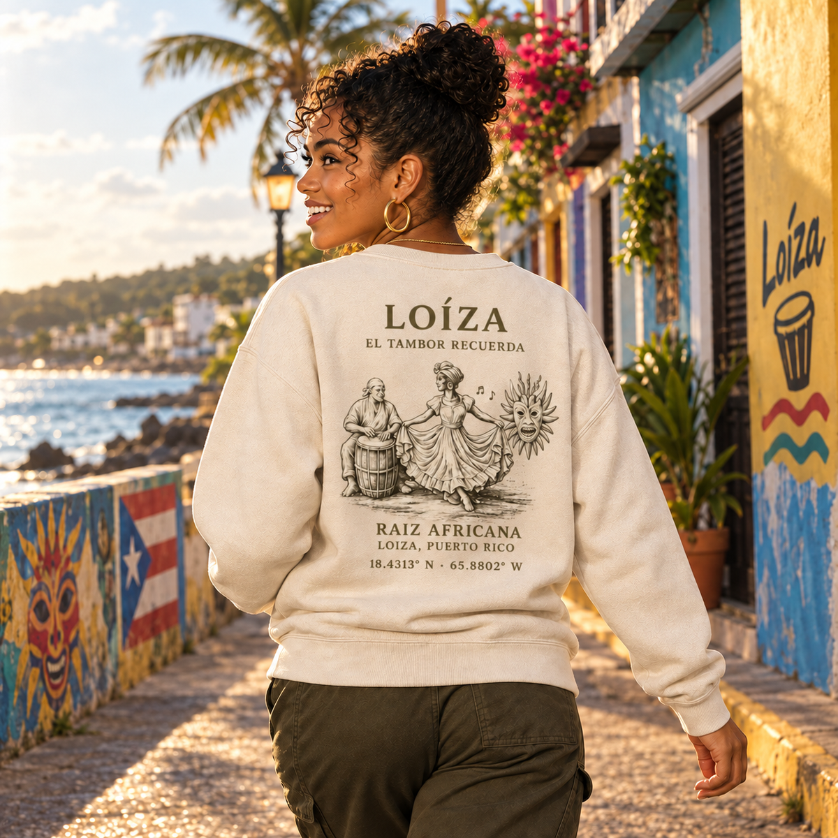 AI-generated Loíza Back Reveal lifestyle photo showing the back design printed on an ivory crewneck sweatshirt
