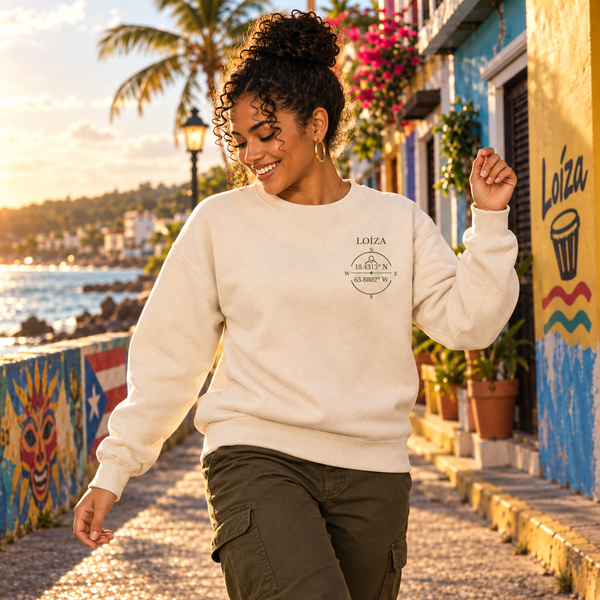 AI-generated editorial lifestyle visualization of the Loíza - Back Reveal from the front, showing the small left-chest emblem.