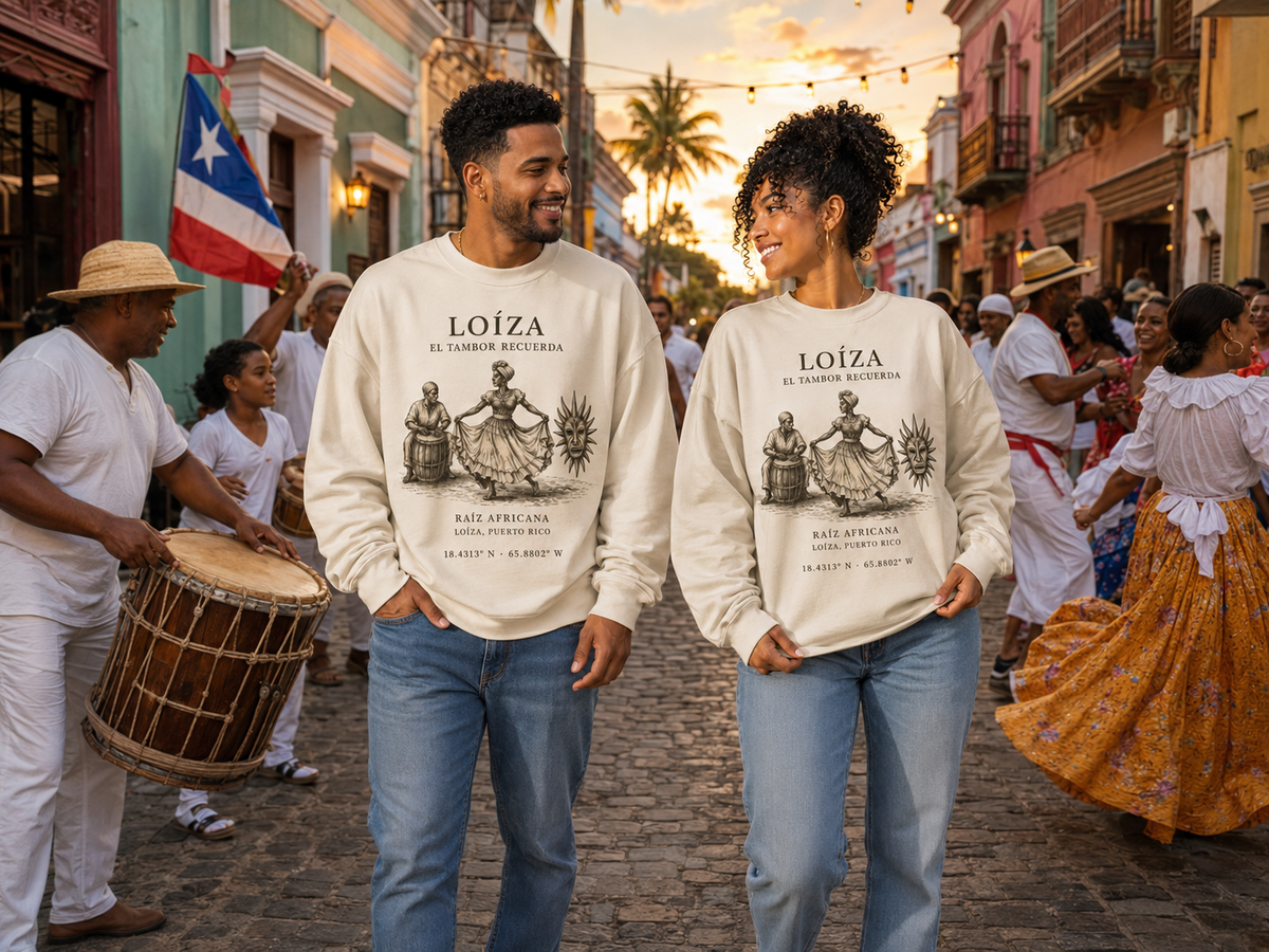 RicanPride Loíza heritage crewnecks at a Puerto Rican street celebration