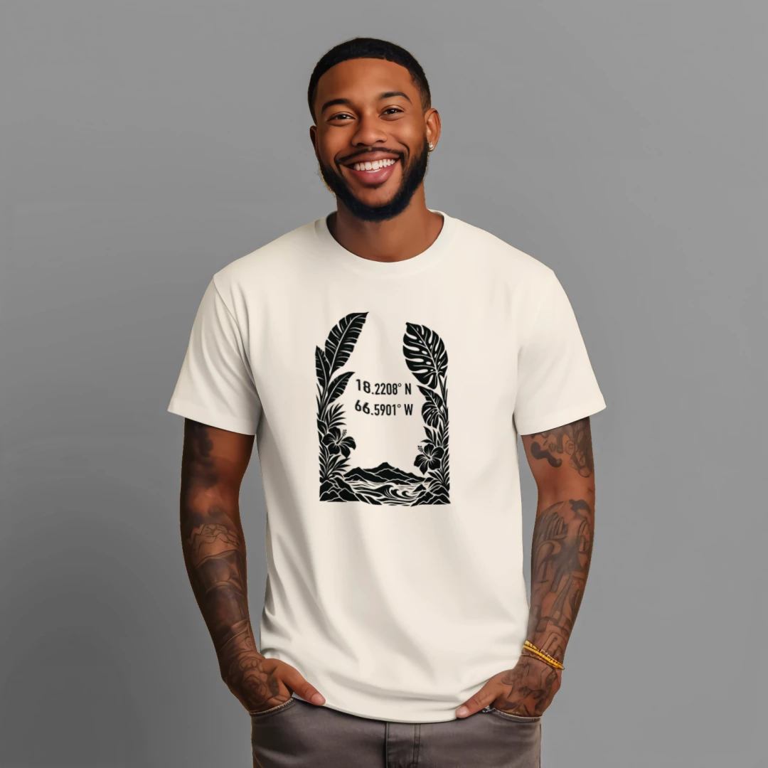Person wearing the Ivory tee with black illustrated Puerto Rico coordinates