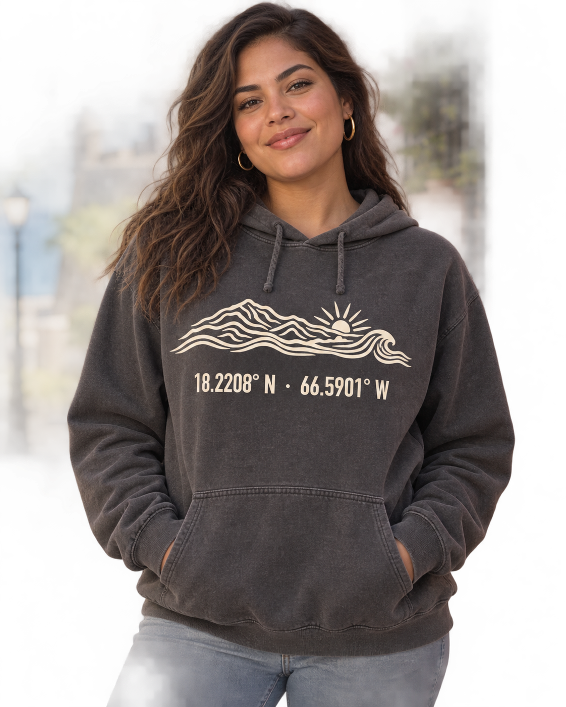 AI styling visualization of a person wearing Pepper hoodie with cream illustrated coordinates