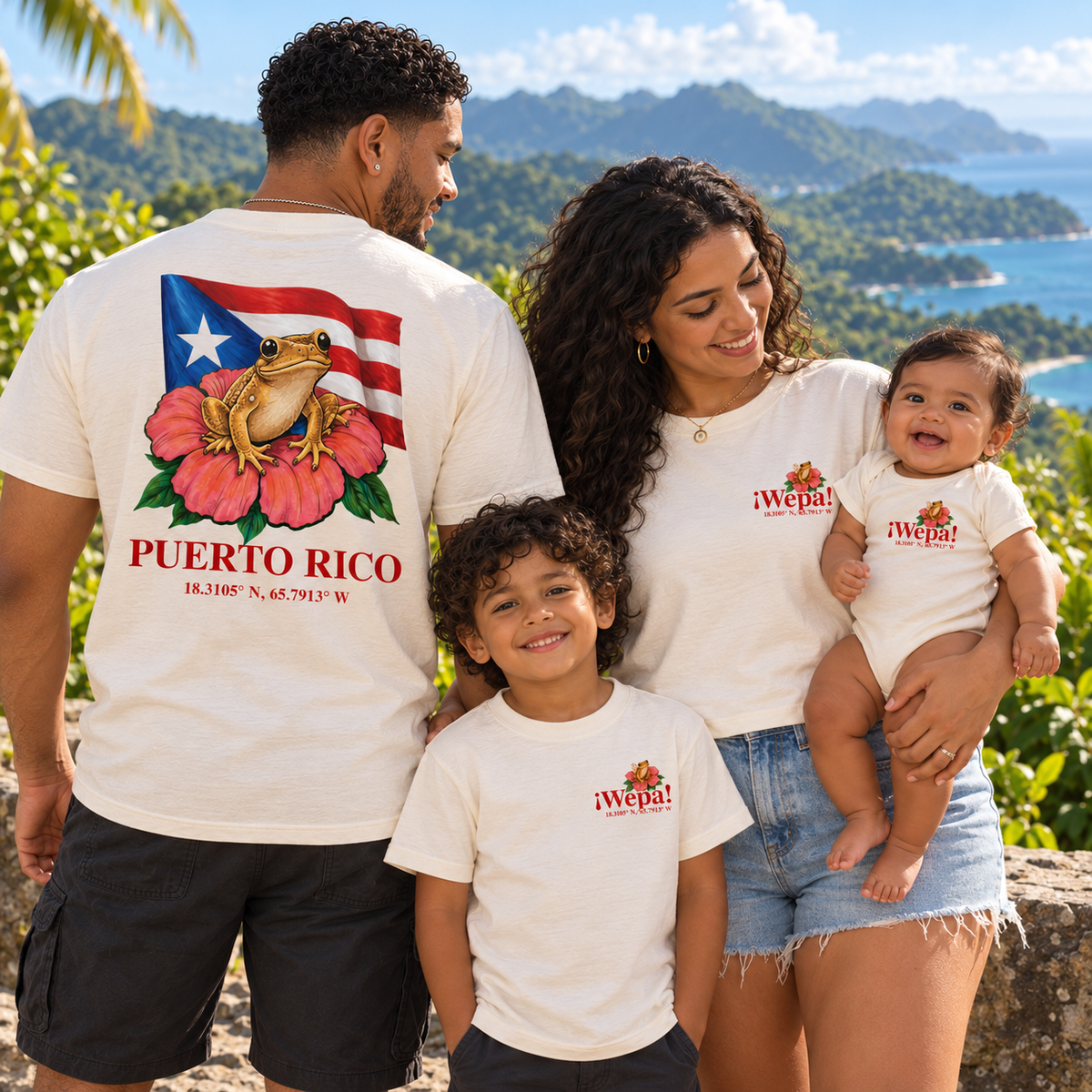 AI-generated ¡Wepa! family portrait showing Unisex, Women, Youth, and Baby garments together. Official Ninja POD mockups show exact print placement.