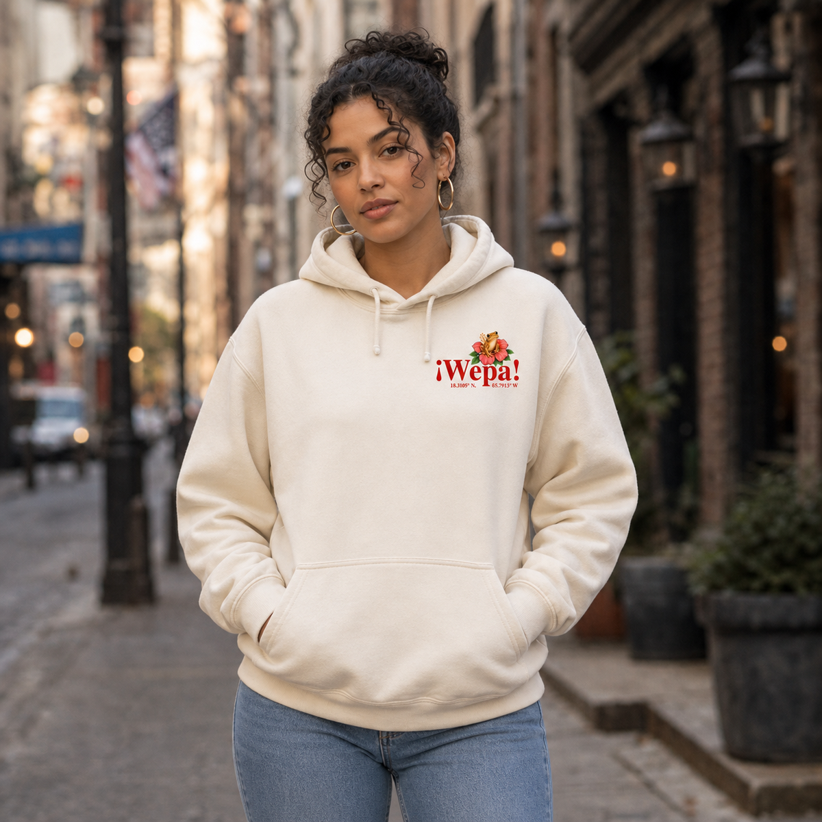 Model wearing the Ivory Wepa hoodie, front view