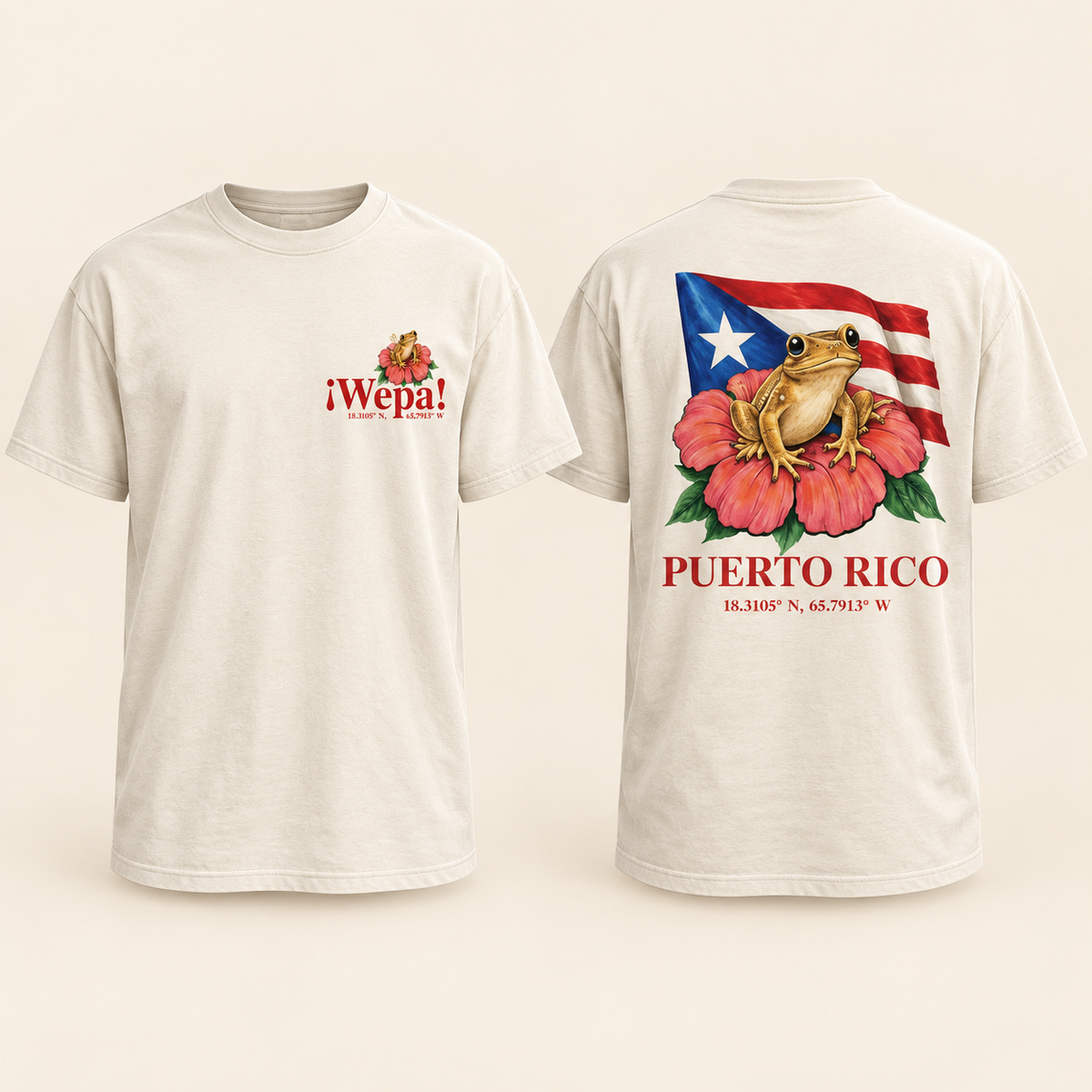 Ivory ¡Wepa! T-shirt shown side by side: small chest graphic on the front and coquí, hibiscus, and Puerto Rican flag artwork on the back.
