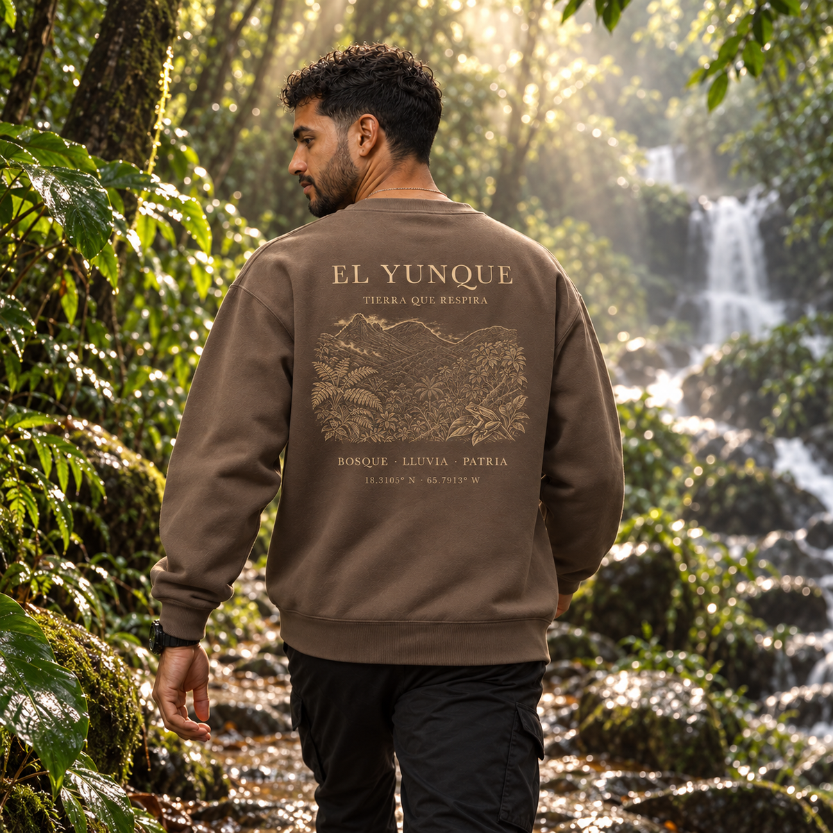AI-generated editorial lifestyle visualization of the El Yunque - Back Reveal (Espresso) from behind, showing the full back artwork.