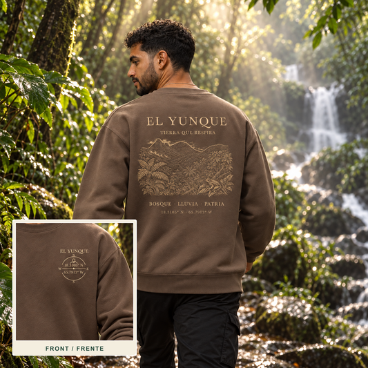 AI-generated yunque espresso Back Reveal lifestyle cover showing the back design and an inset of the front left-chest print