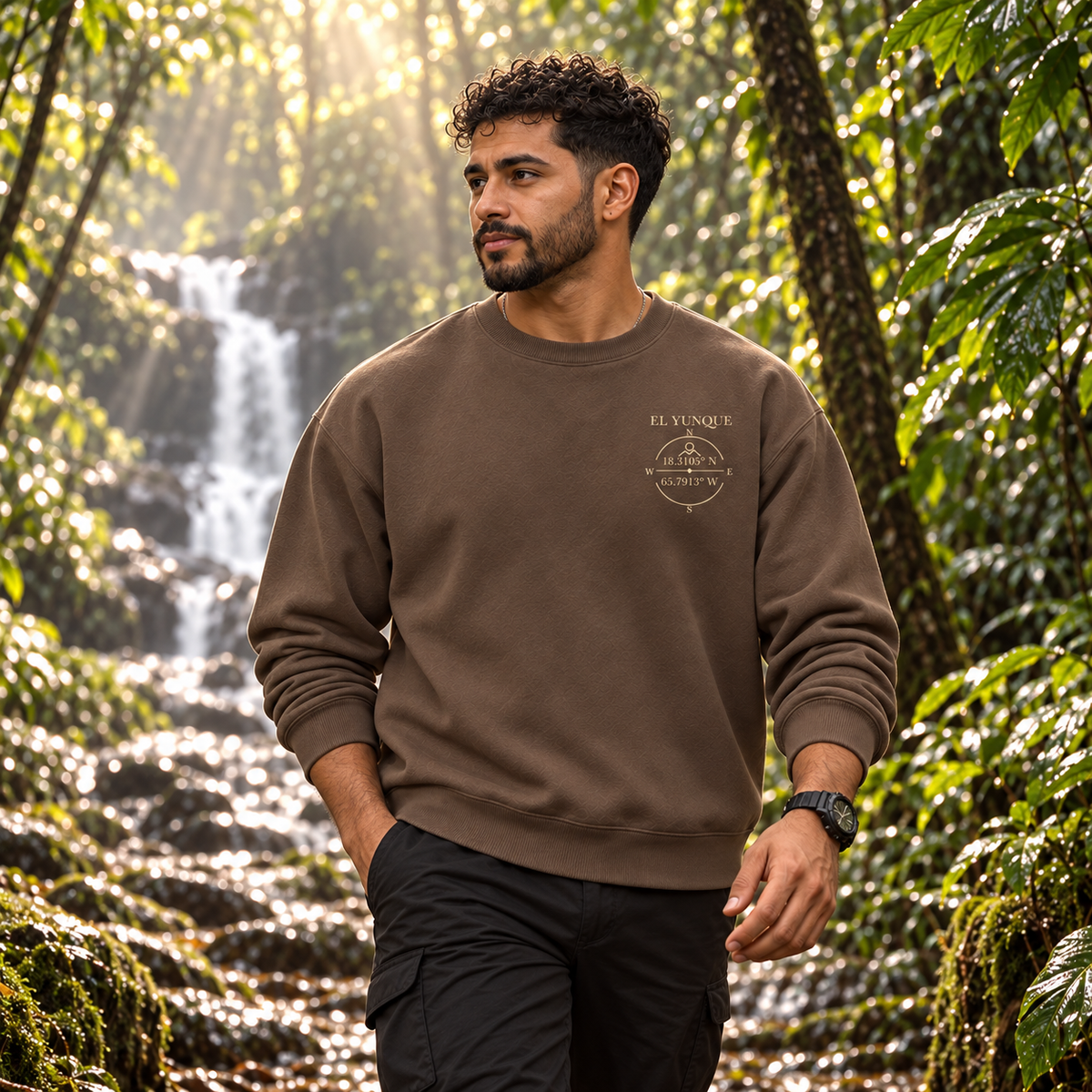 AI-generated editorial lifestyle visualization of the El Yunque - Back Reveal (Espresso) from the front, showing the small left-chest emblem.