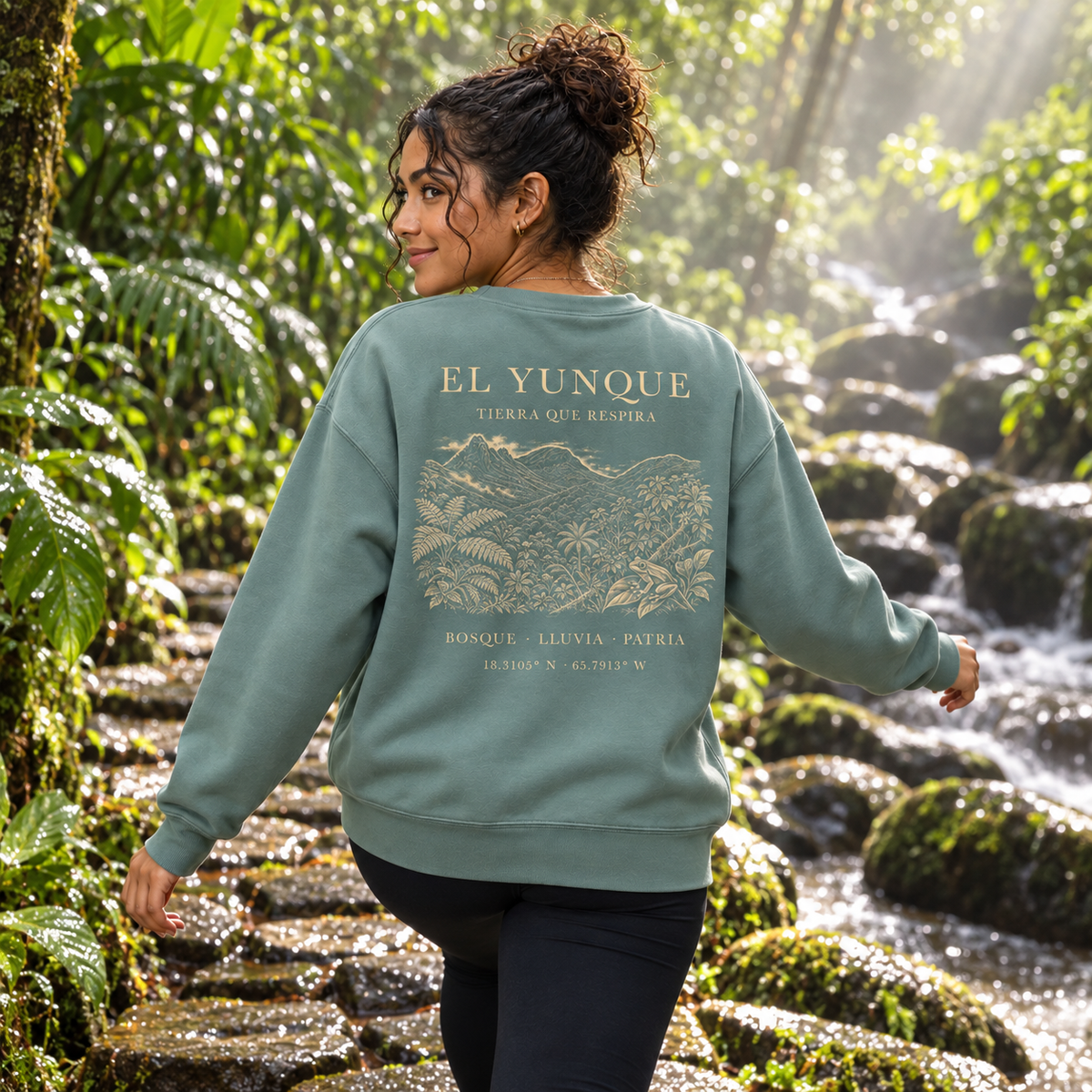 AI-generated editorial lifestyle visualization of the El Yunque - Back Reveal (Light Green) from behind, showing the full back artwork.