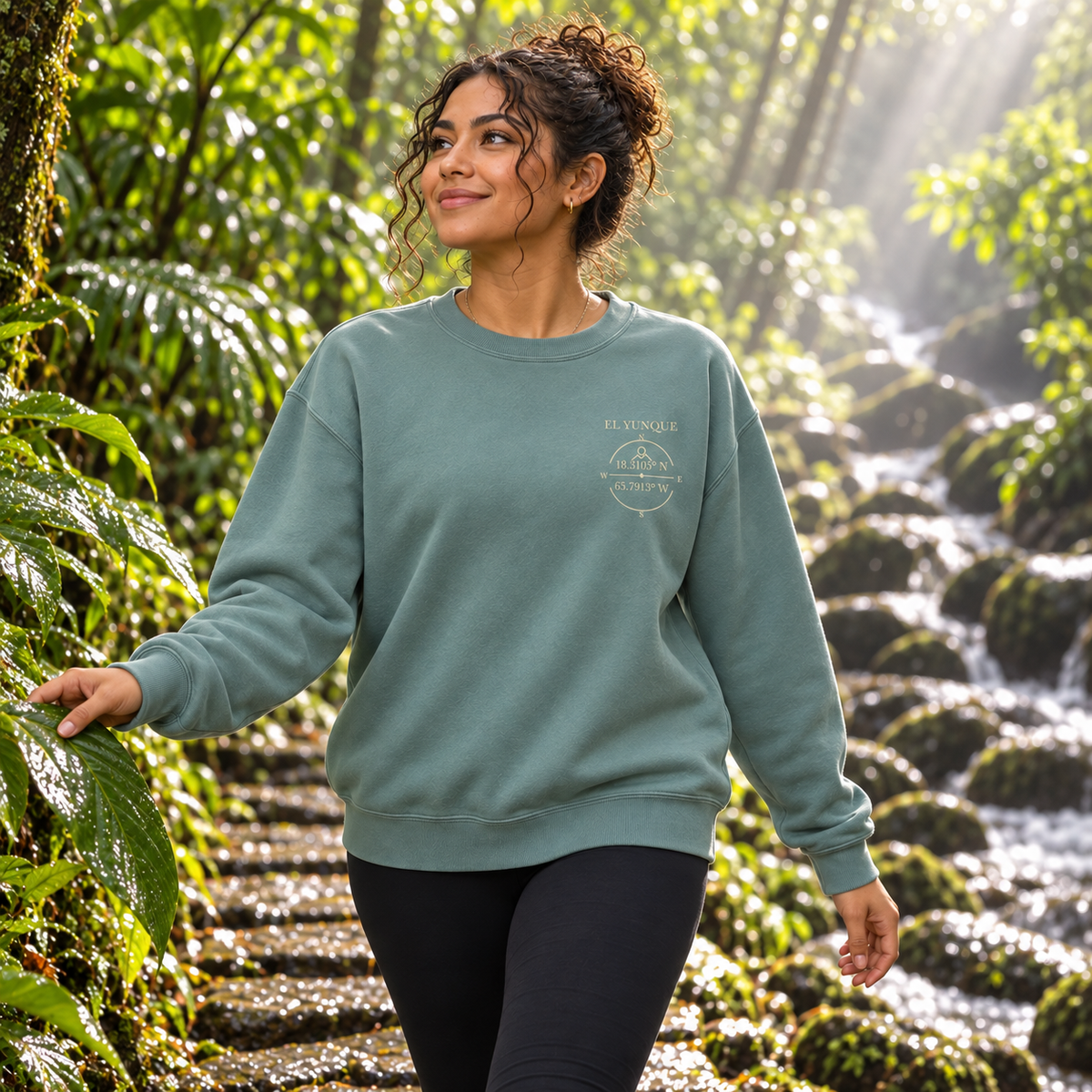 AI-generated editorial lifestyle visualization of the El Yunque - Back Reveal (Light Green) from the front, showing the small left-chest emblem.