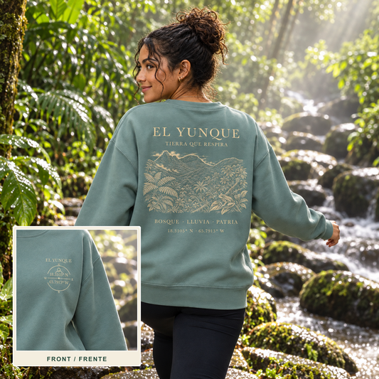 AI-generated yunque light green Back Reveal lifestyle cover showing the back design and an inset of the front left-chest print